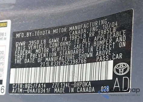 2005 Toyota Matrix z USA, uszkodzony, nr VIN 2T1LR32E35C398766